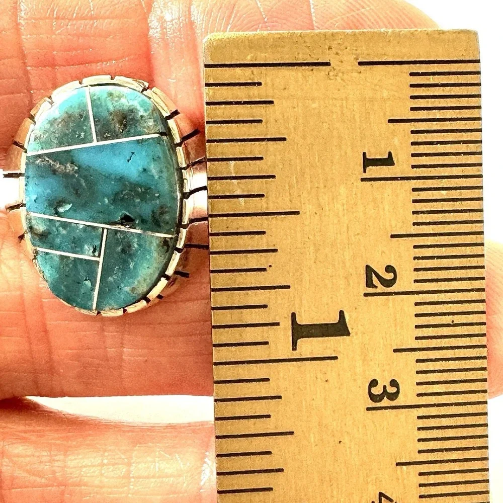 Turquoise Inlay Mens Ring Sz‎ 12 Oval Navajo Signed T Jack Sterling Mosaic 20mm